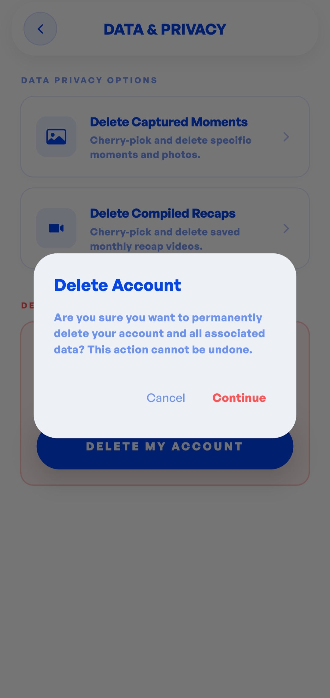 First confirmation pop-up dialog with 'Cancel' and 'Continue' buttons