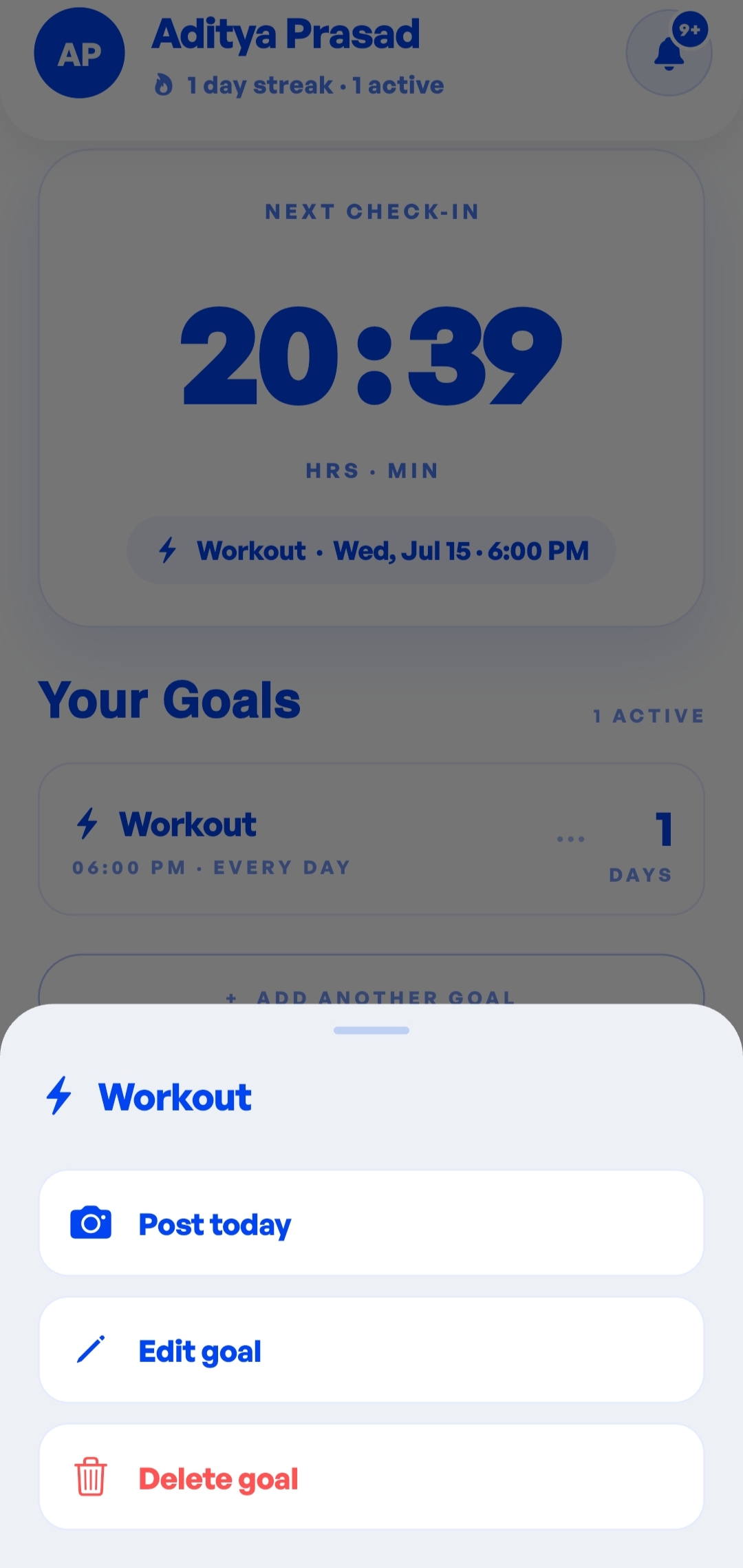 Bottom-sheet action menu containing 'Post today', 'Edit goal', and a red highlighted 'Delete goal' button
