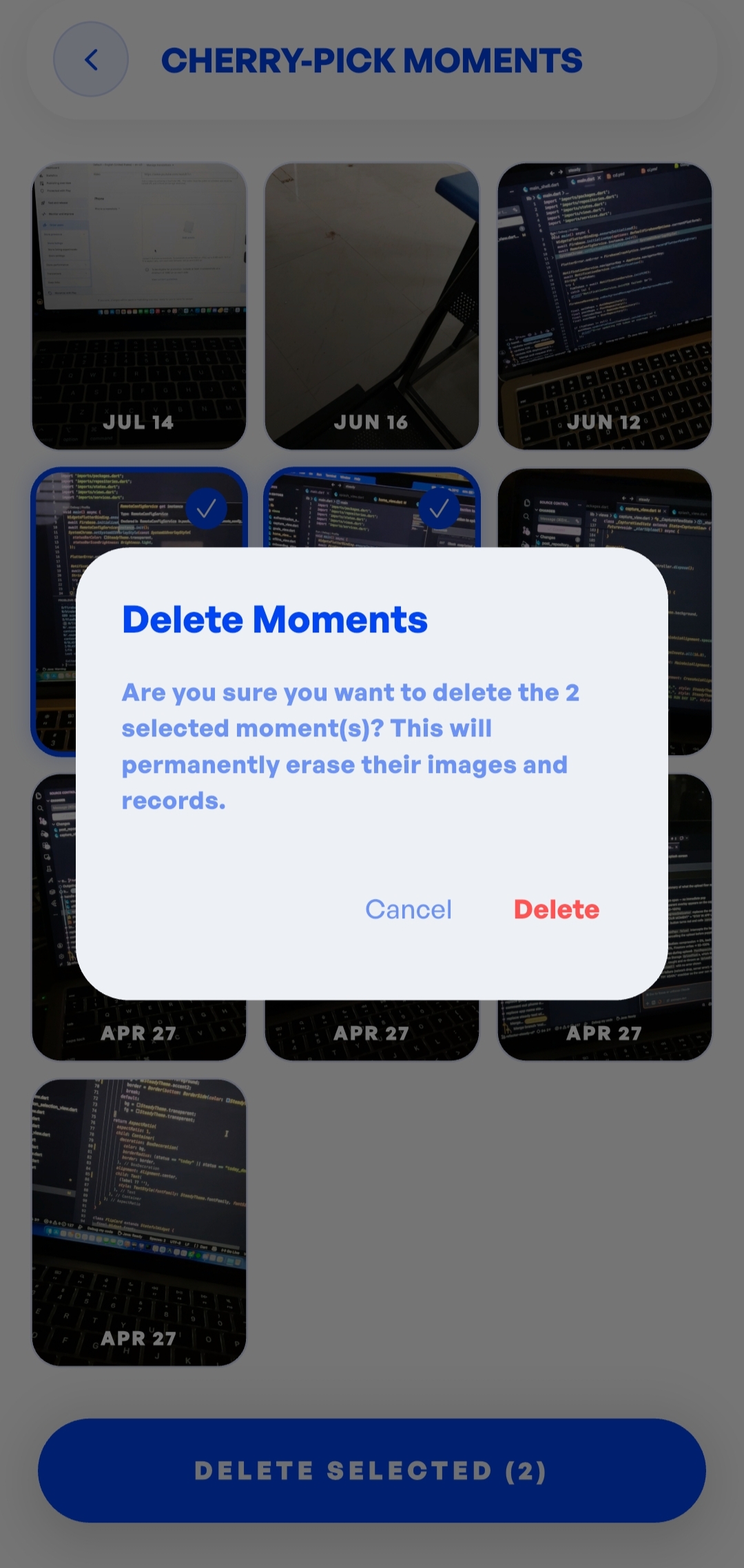 Grid view of captured moments showing select checkmarks on two photos and a red 'DELETE SELECTED (2)' button at the bottom