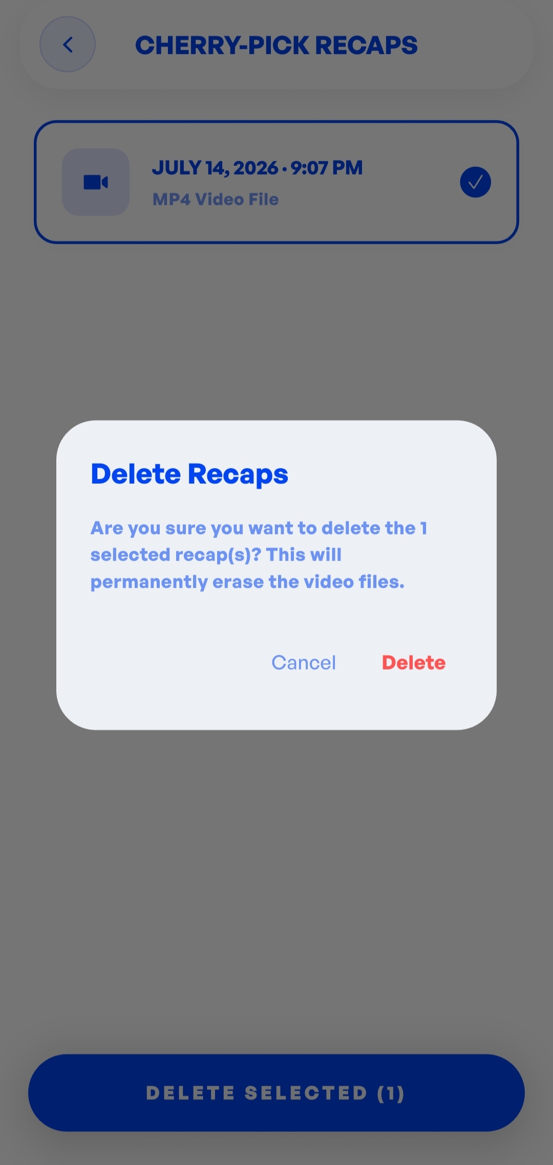 List of monthly recap MP4 files with select icons and a 'DELETE SELECTED' action bar